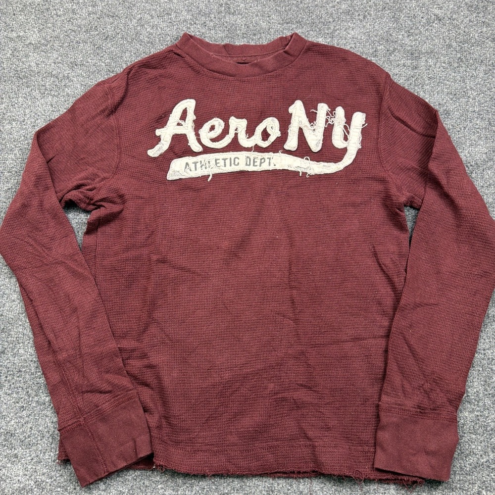 Aeropostale Mens M Thermal Shirt Pull Over Long Sleeve Cotton Maroon Distressed